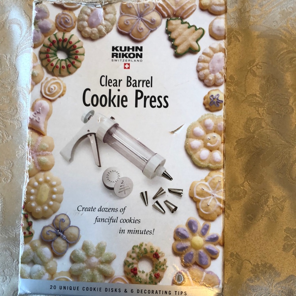 KUHN RIKON CLEAR BARREL COOKIE PRESS 20 COOKIE DISCS/6 ICING TIPS NWOT - #168
